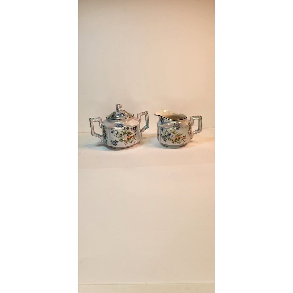Vintage Trico Blue Floral Lusterware Creamer and Sugar Set Hand painted Japan